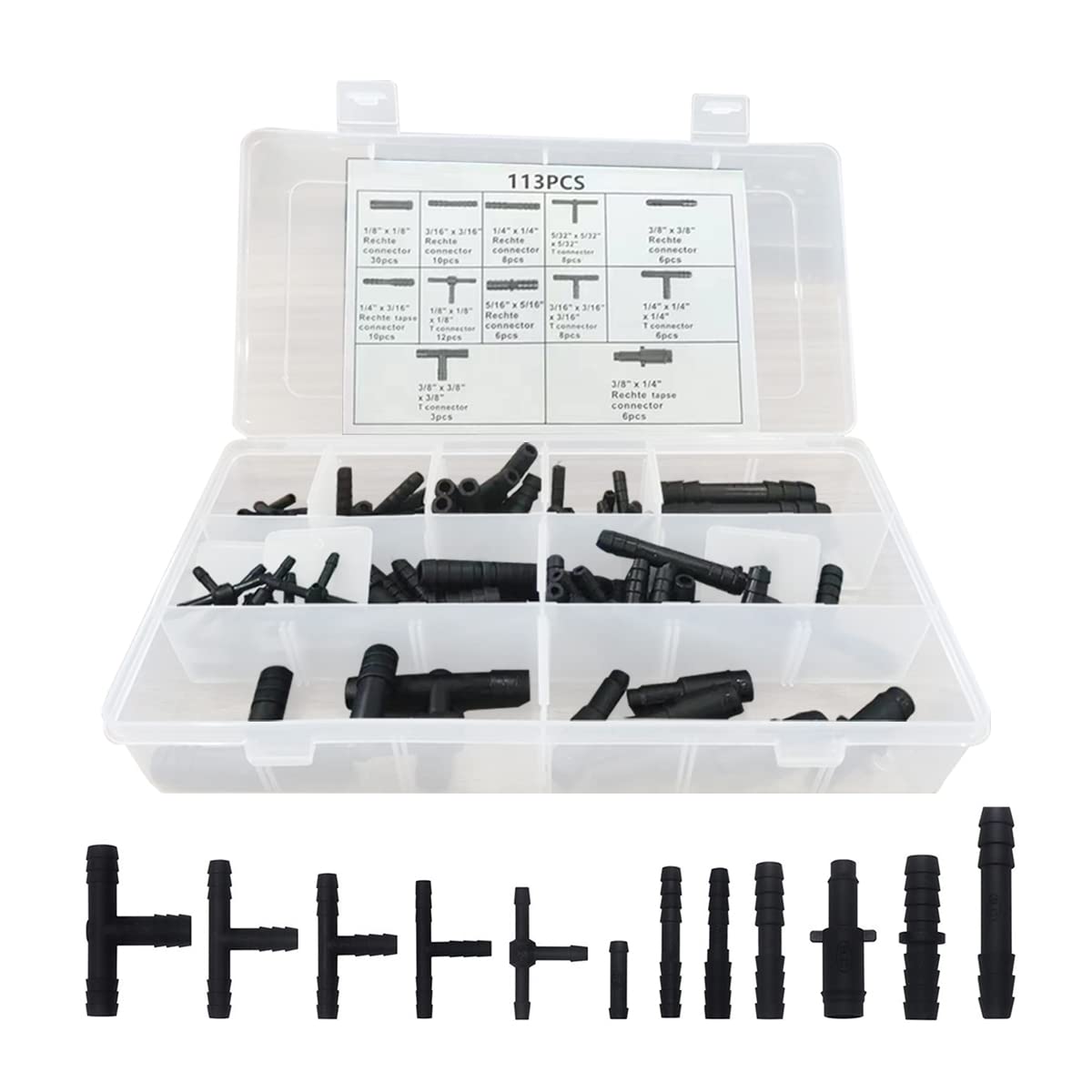 BELOMI 113 Pieces Vacuum Connector Assortment Kit, Auto Universal Nylon Vacuum Tee Tubing Hose Connector Set, 12 Sizes Fit for A