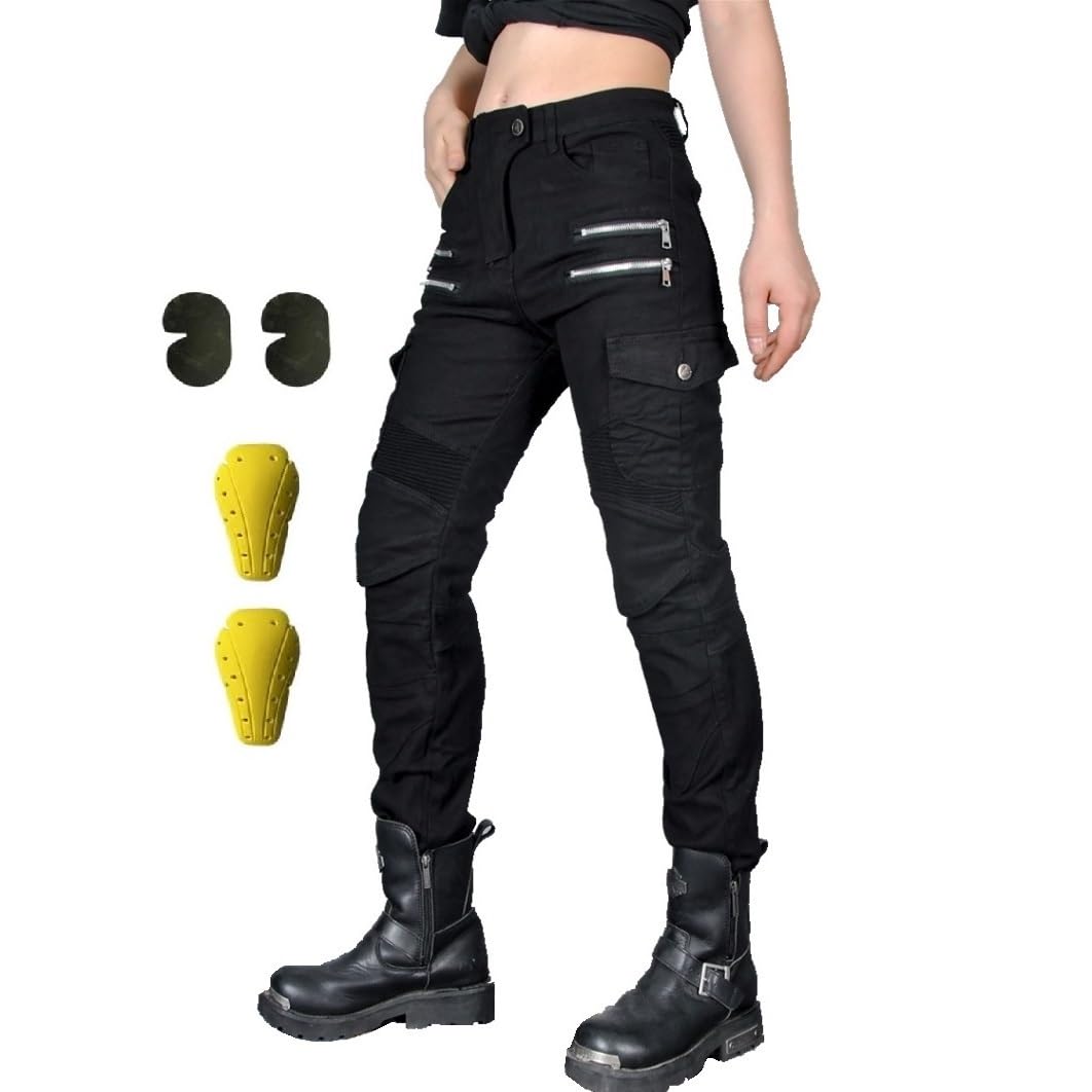 WILLIAMHUA Women Moto Jeans Motorcycle Pants Motorbike Biker Trousers with Protector (US, Waist Inseam, 26, 30, Black-Zip)