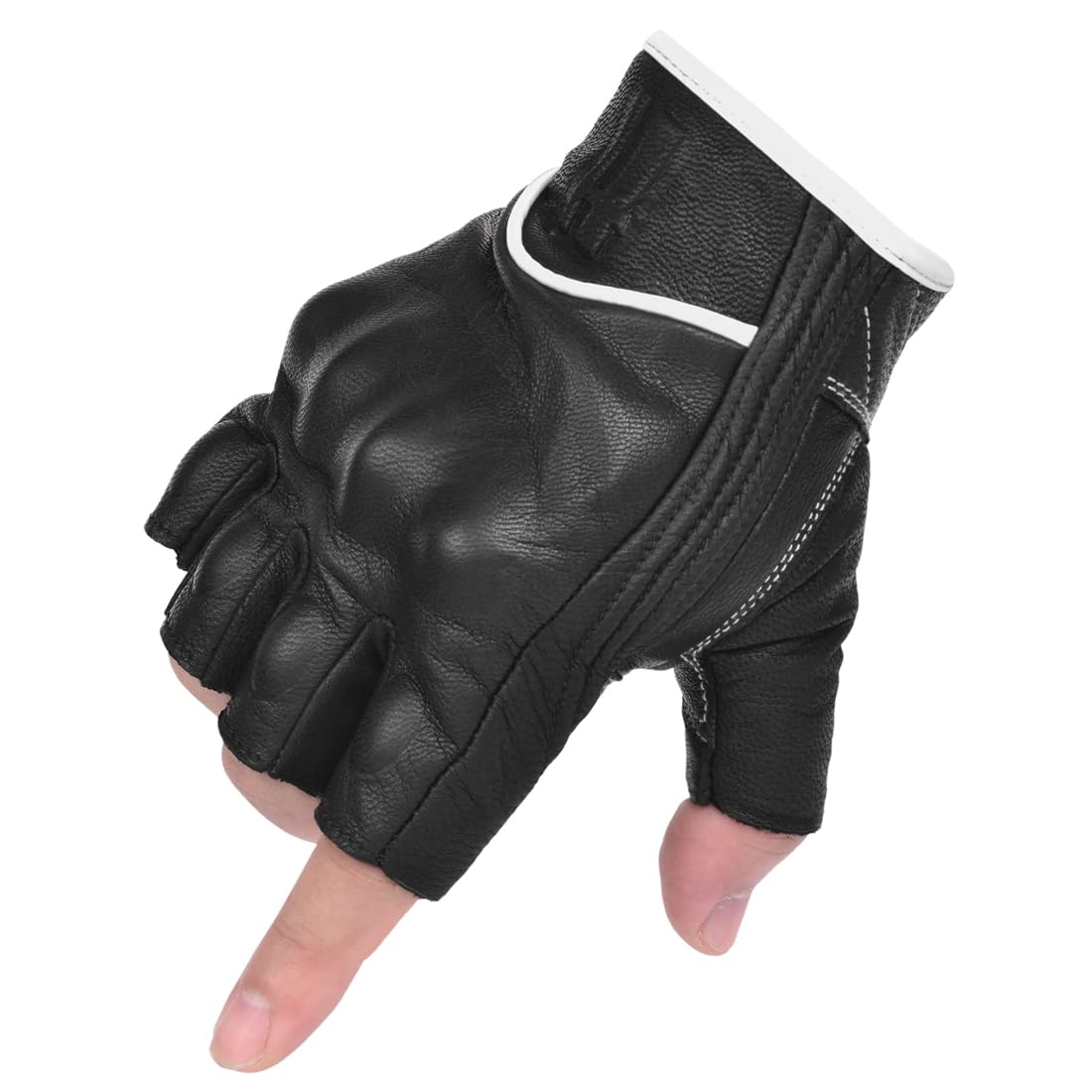 Harssidanzar Fingerless Motorcycle Gloves For Mens Leather Riding Driving Half Finger Gloves Gm037, Black/White, Size X-Large