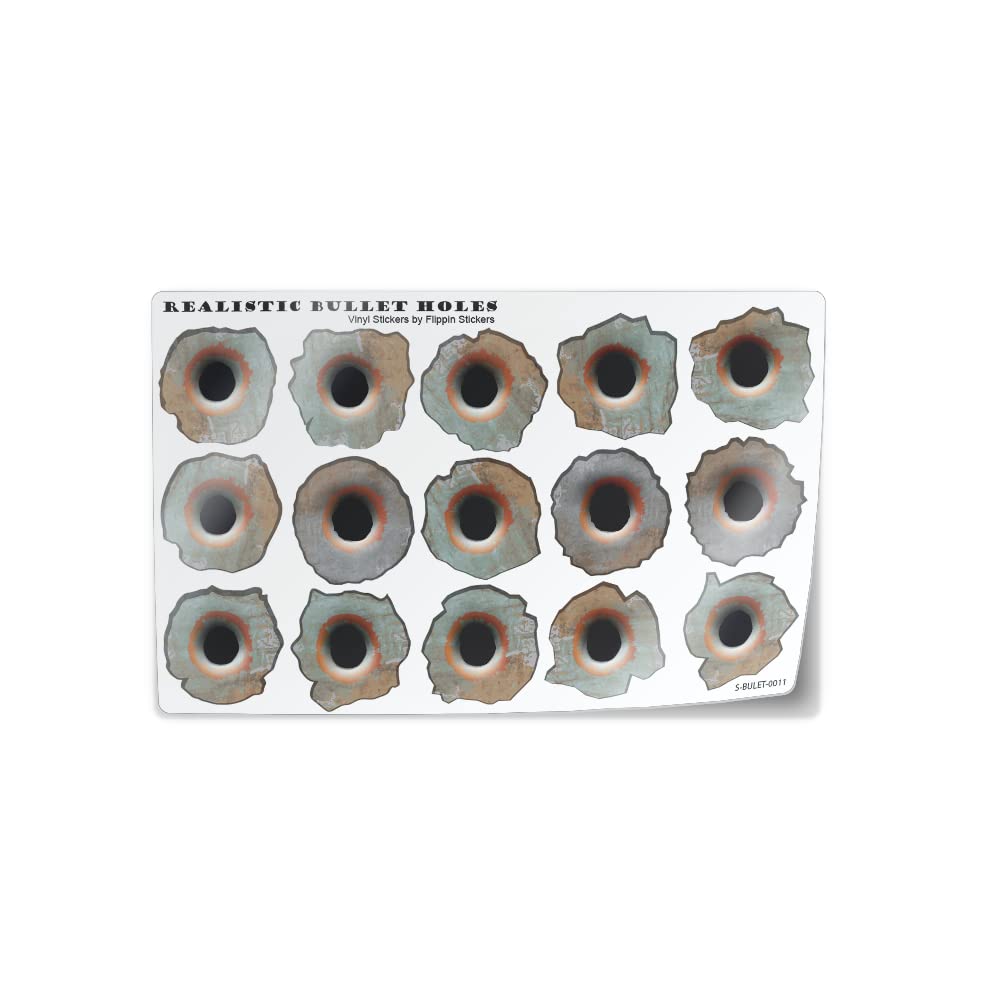 Realistic Bullet Hole (Bullethole) 3D Stickers - Small Caliber Rusty Look Vinyl Decals (15 Pcs, 1'') By Flippin Stickers
