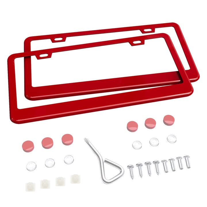 Ohuhu Matte Aluminum License Plate Frame With Red Screw Caps, 2Pcs 2 Holes Red Licenses Plates Frames, Car Licenses Plate Covers