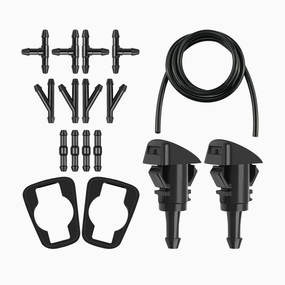 Auceli 17 Pcs Set Windshield Washer Hose Kit, 12 Pcs Hose Connectors, 5M Washer Fluid Hose, 2 Fan Nozzles, 2 Rubber Gaskets, Con