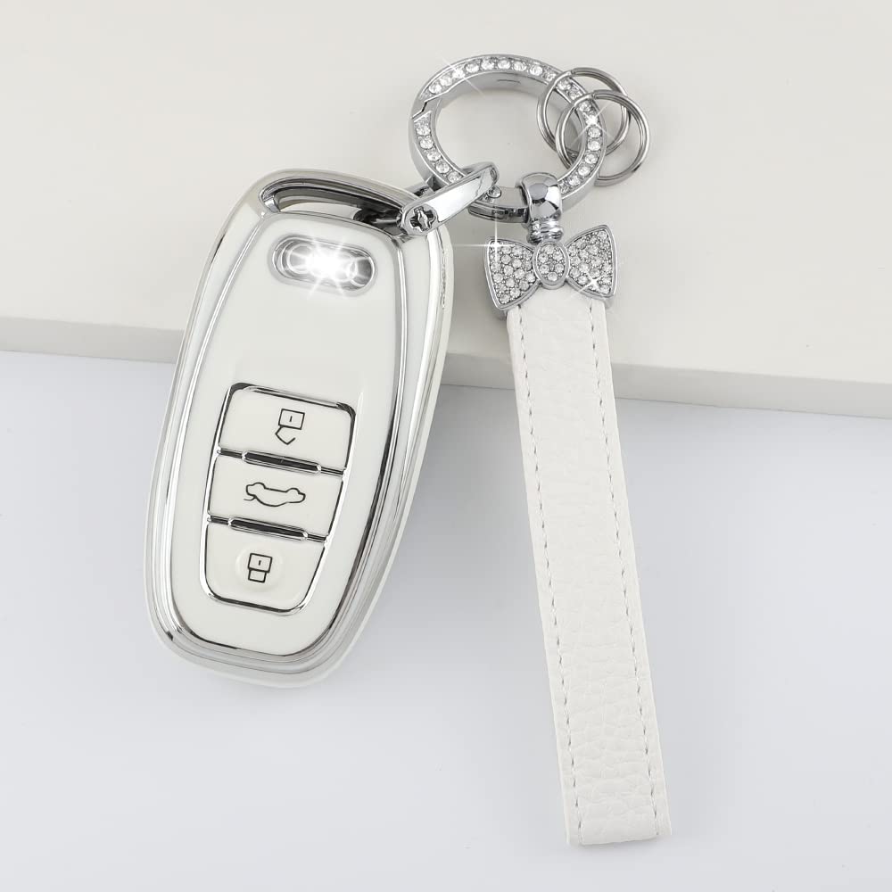 1797 For Audi Key Fob Cover Q5 A4 A5 A6 A7 A8 S4 S5 S6 S7 R8 Rs5 Rs7 Accessories Bling Car Key Chain Case Shell Girly Cute 3 Button White Silver Tpu
