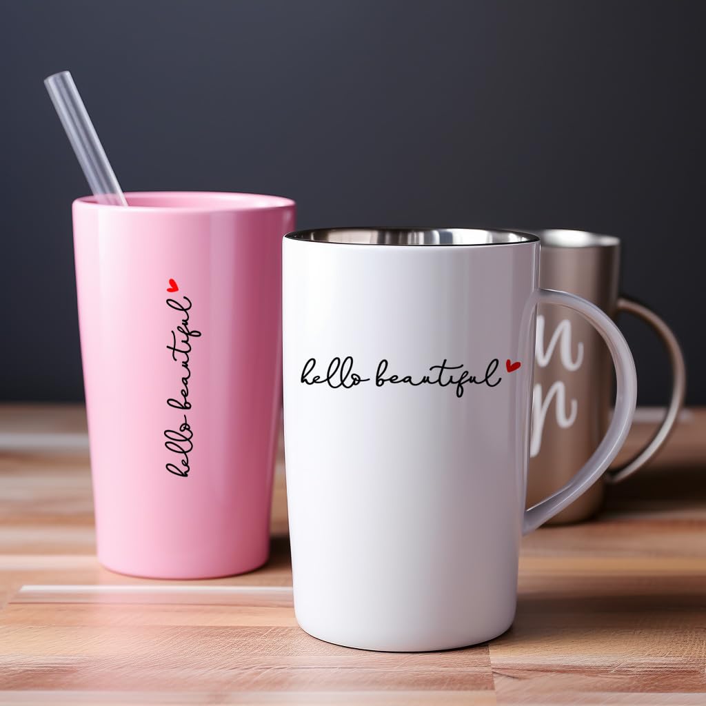 2 X Hello Beautiful Rearview Mirror Decal With Heart, Beautiful Reminder, Rearview Mirror Sticker, Affirmation Sticker, Positive