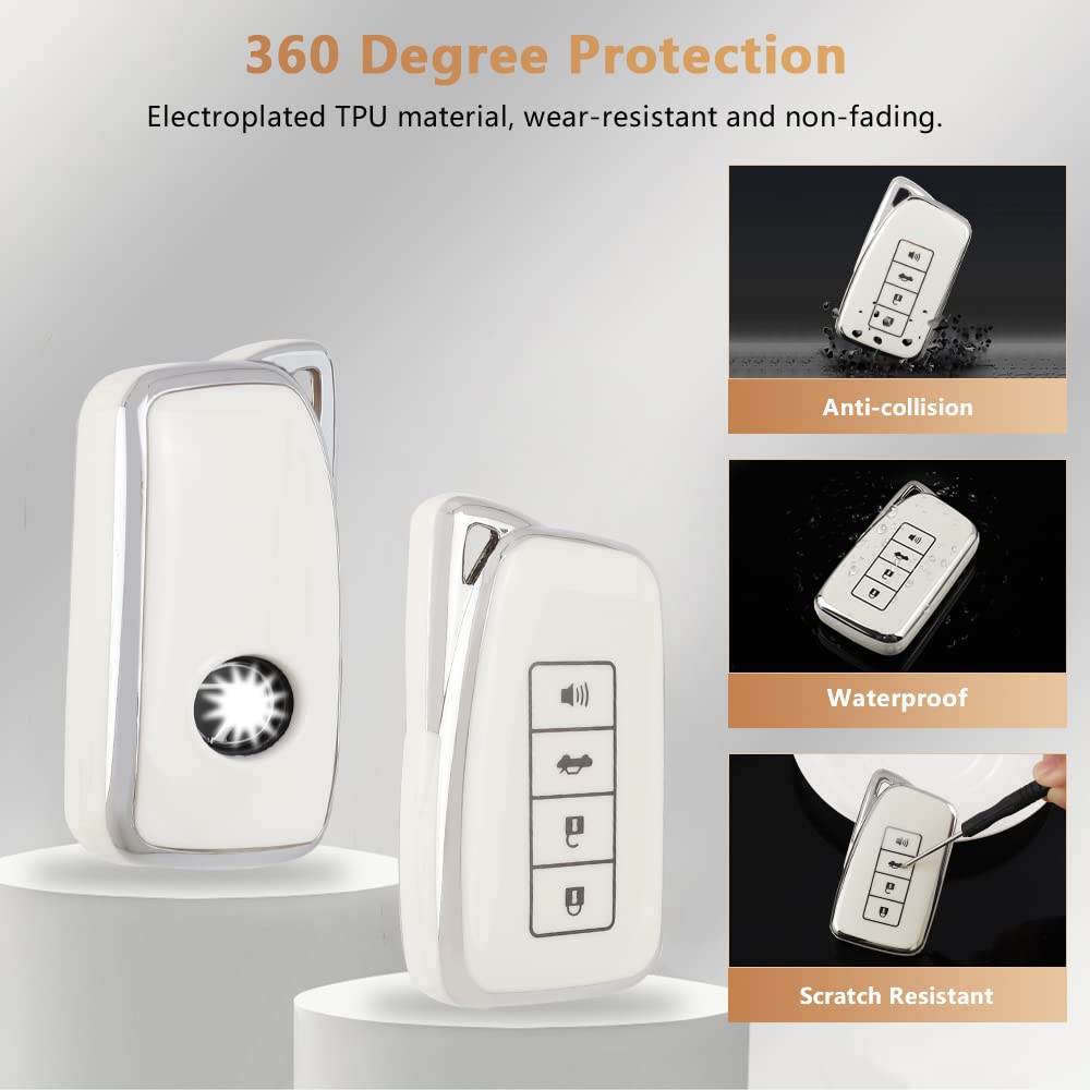 Pifoog White Key Fob Cover For Lexus Rx Nx Is Es Gs Ls Rc 4 -Button Smart Keys Case Protector Soft Tpu Glittering Keychain Lanyard Car Accessories Girly Cute