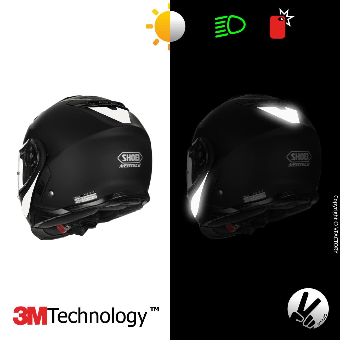 Vfluo - Kit Of Reflective Stickers - Shoei Neotecii™ Motorcycle Helmet - Approved Stripes Fr - 3M™ Technology - High Visibility & Strength - Discreet & Design - Maximum Grip