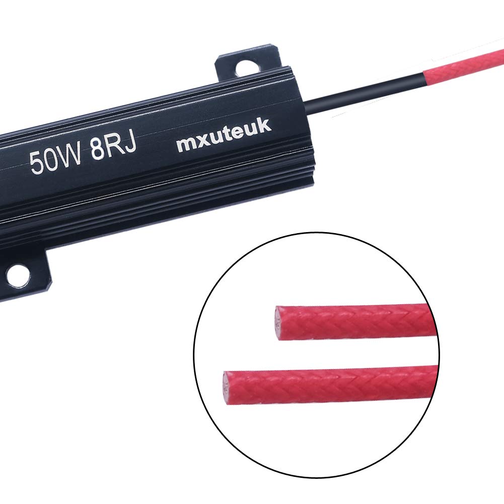 Mxuteuk 4Pcs Led Resistor Car Load Resistors 50W 8Ohm For Fix Led Bulb Fast Hyper Flash Led Turn Signal Lights, Fix Error Flash Controller, With 8Pcs Quick Wire Clip 50W-8Rj-4