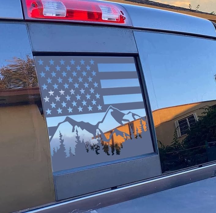 Xinghe For Chevy Silverado Gmc Sierra Chevrolet Colorado, Rear Middle Window American Flag Decals Stickers (Matte Black Mountain