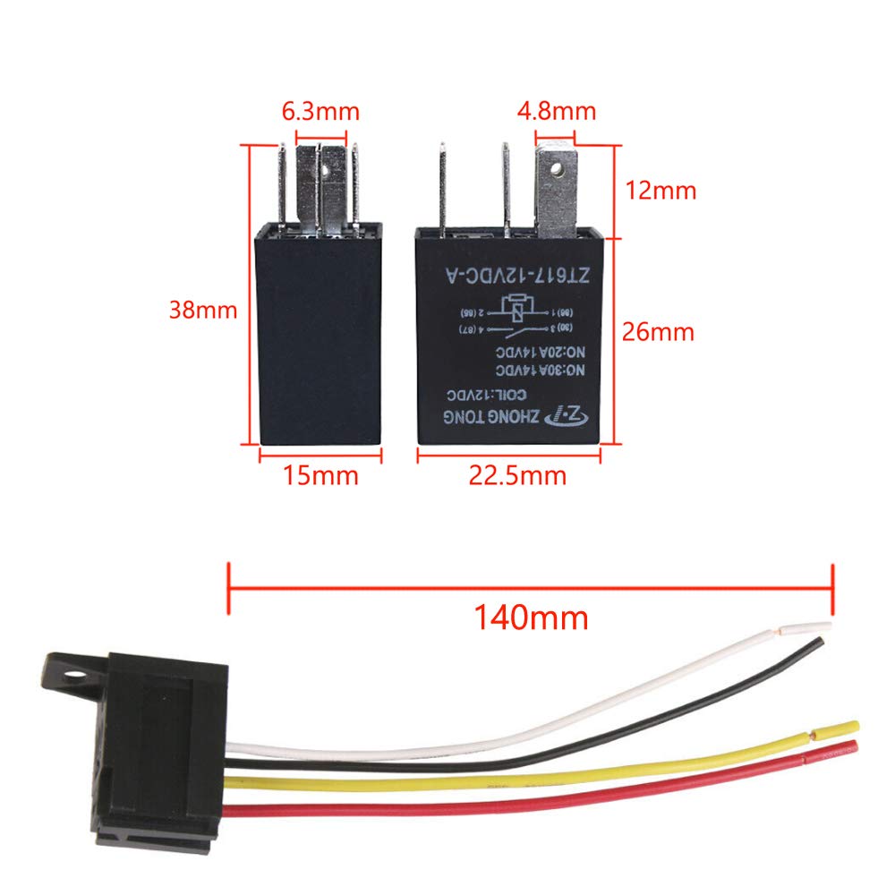 ESUPPORT 12V 30A Heavy Duty Relay Switch, Waterproof 4Pin SPST Plug Harness, Pack of 5 for Automotive Use