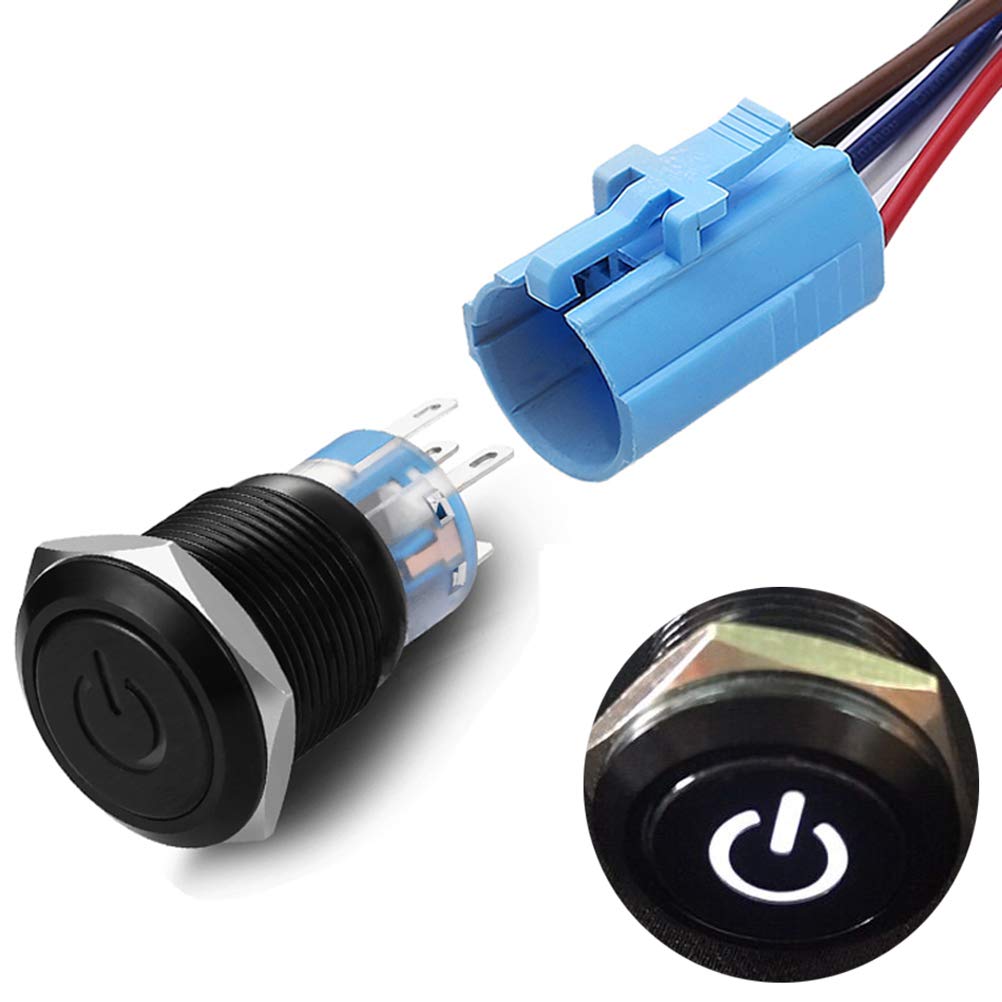 Quentacy 19Mm 3/4 Latching Push Button Switch 12V 48V Dc Led Power Symbol On-Off Waterproof Toggle Switch Stainless Steel Shell With Wire Connector Plug(Blue Light)