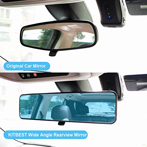 Kitbest Rear View Mirror, Universal 11.4 Inch Interior Clip On Rearview Mirror, Anti Glare Blue Tint Wide Angle Mirror – Panoramic Car Rear View Mirror – Convex Clip on Mirror for Car