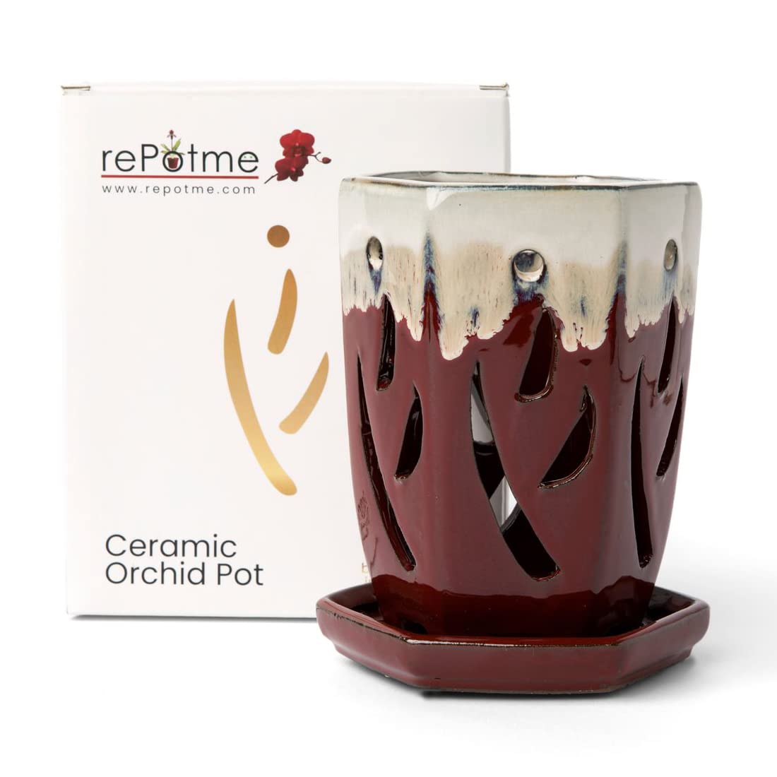 Repotme 4 X 6 Inch Ceramic Orchid Pot (Cream Over Garnet) - Hexagon Orchid Pot With Holes