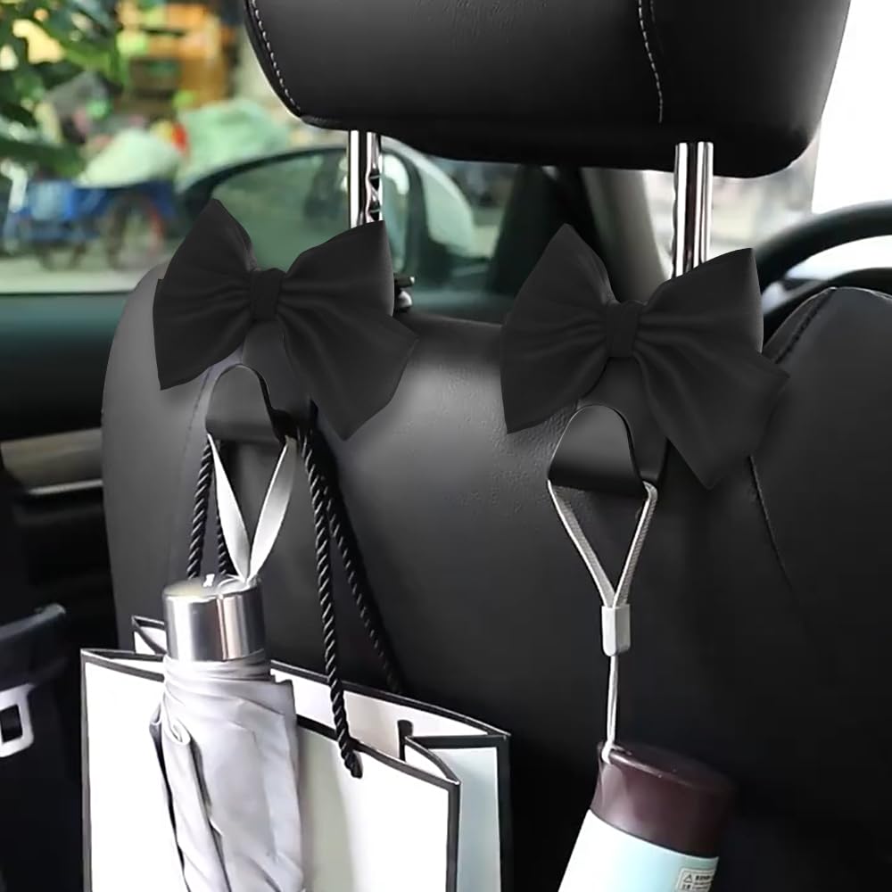 LIFOPY 2 Pack Car Purse Hooks, Cute Bow Car Seat Headrest Hook Hanger for Purses and Bags, Space-Saving Car Accessory (Black sil