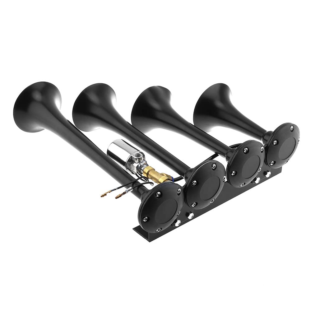 Drisentri 12V / 24V Truck Train Air Horn, 185Db Super Loud Four Trumpet Air Horn For Car Vehicle Truck Train Boat