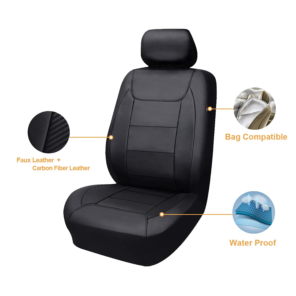 Flying Banner Car Seat Covers Protects Water Proof Faux Leather Carbon Fiber Front And Rear Bench (Black Black, Full Set - 9Pcs)