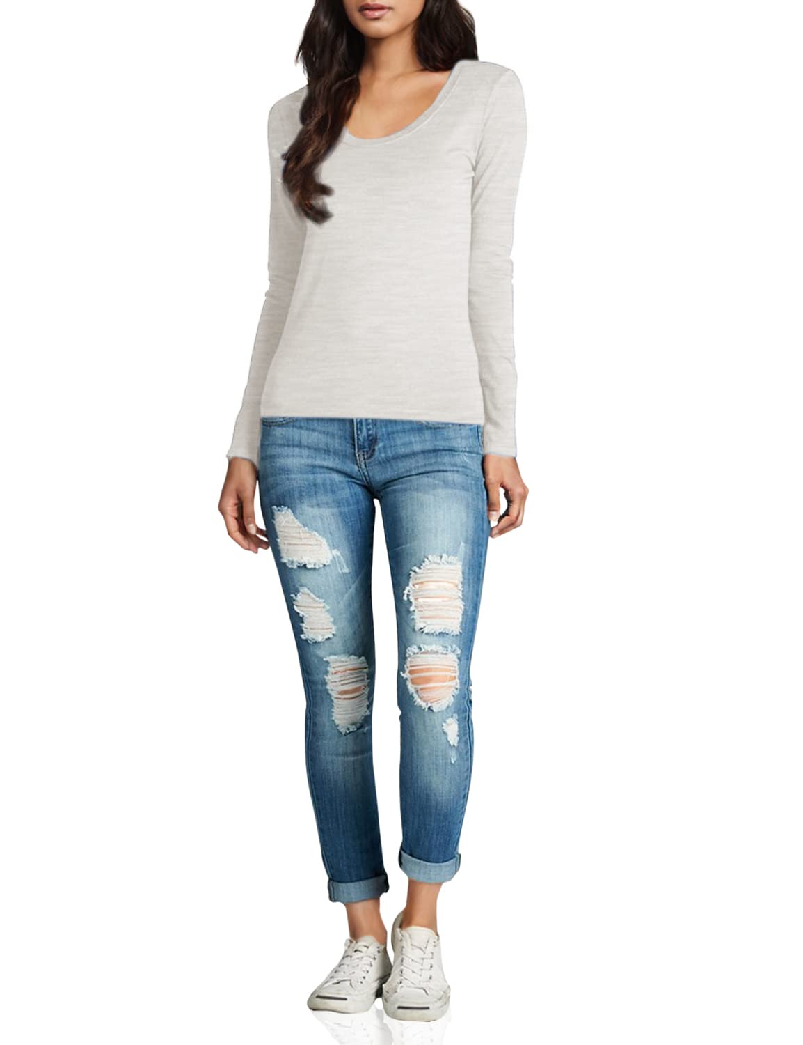 Emmalise Womens Junior And Plus Size Basic Scoop Neck Tshirt Long Sleeve Tee, 2Xl, 3Pk Oatmeal, Oatmeal, Oatmeal