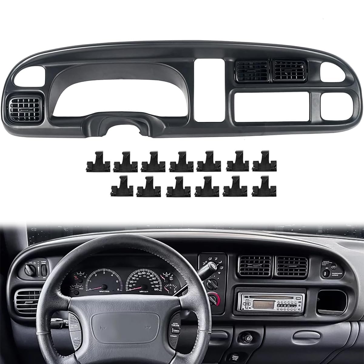 Karpal Dashboard Dash Cluster Bezel W/Vents Compatible With 1998-2002 Dodge Ram 1500 2500 3500 Pickup Pick Up Replacement Cover 5Gk51Dx9Aa, 5Eu11Dx9Ab