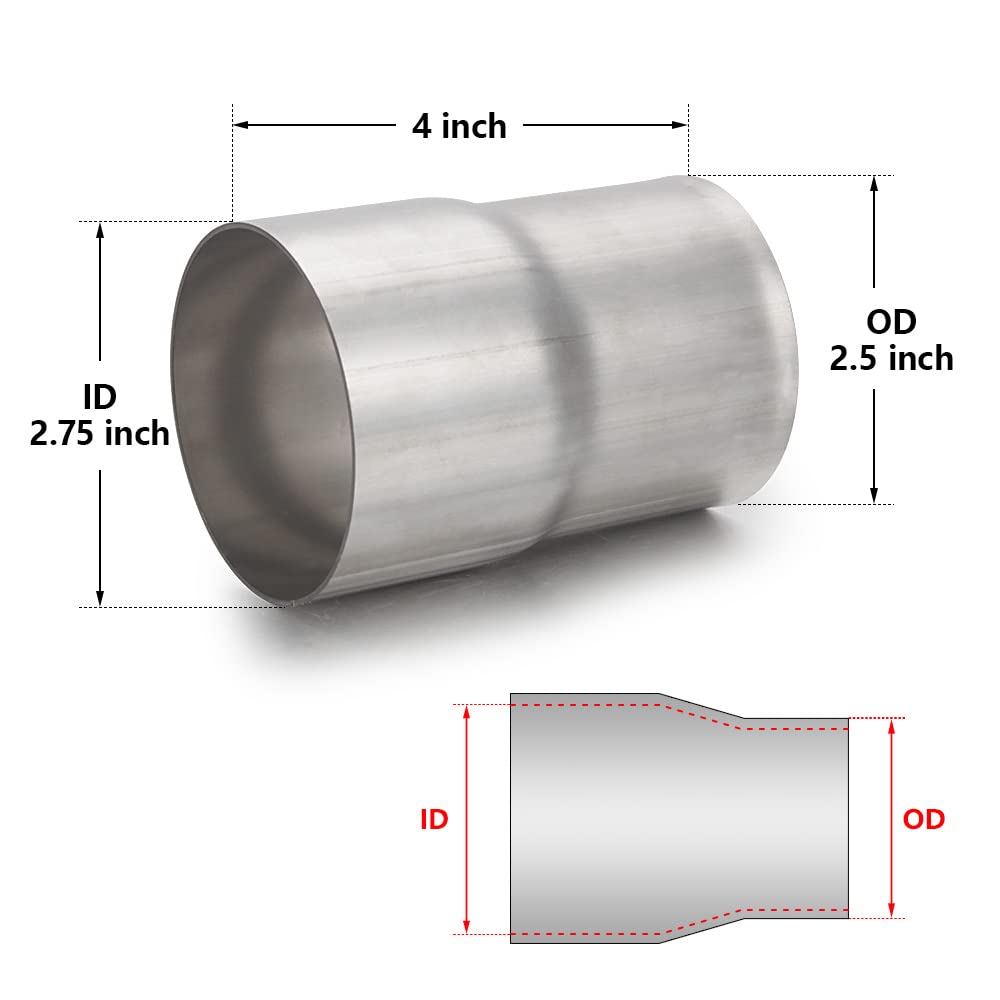 A-Karck Exhaust Adapter Connector 2.5' Od To 2.75' Id, Exhaust Pipe Reducer 304 Stainless Steel, 4' Overall Length