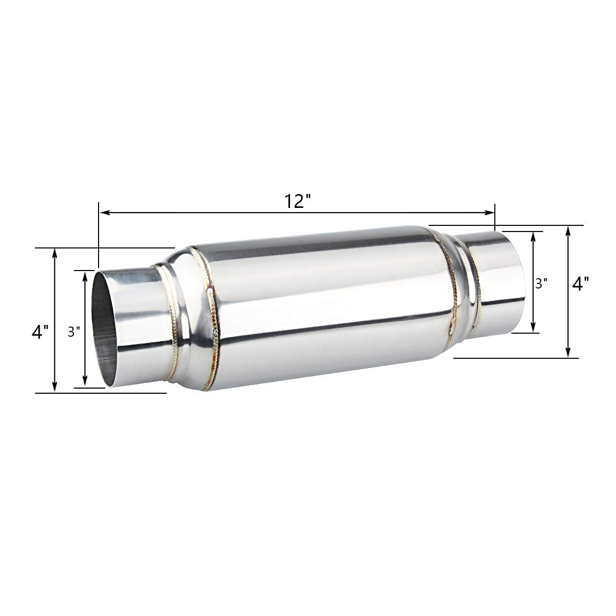 Lcgp 3' Inlet Universal Resonator, 3' Outlet 12' Overall Length Stainless Steel Performance Muffler, Polished, Straight Through Design, Deep Tone