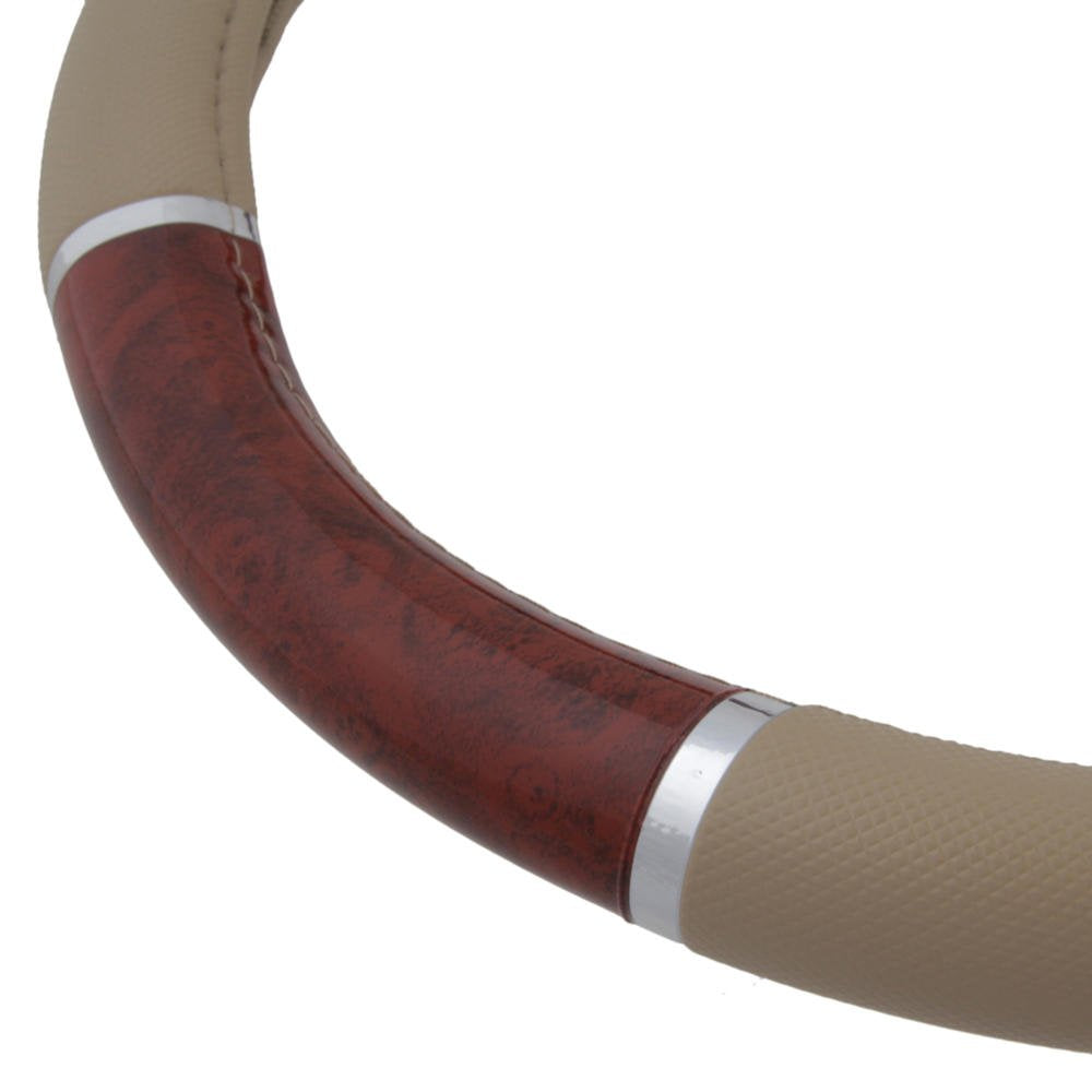 Bdk Dark Wood Grain Car Steering Wheel Cover, Standard 15 Inch With Beige Faux Leather Grip, Made To Fit Most Auto Truck Van Suv