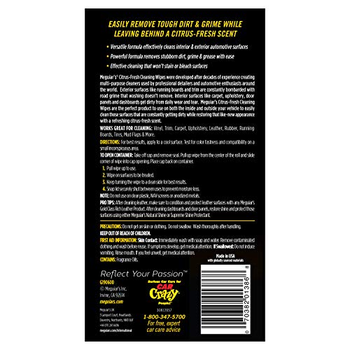 Meguiar's Citrus-Fresh Cleaning Wipes - Multi-Surface Wipes Removes Dirt, Grease, and Grime on a Variety of Surfaces Inside and Out - Citrus Scented Wipes that Make for Convenient Cleaning, 30 Wipes