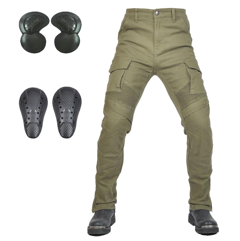 Mens Motorcycle Riding Pants Denim Jeans Protect Pads Equipment with Knee and Hip Armor Pads Detachable CE Armor Pads Green