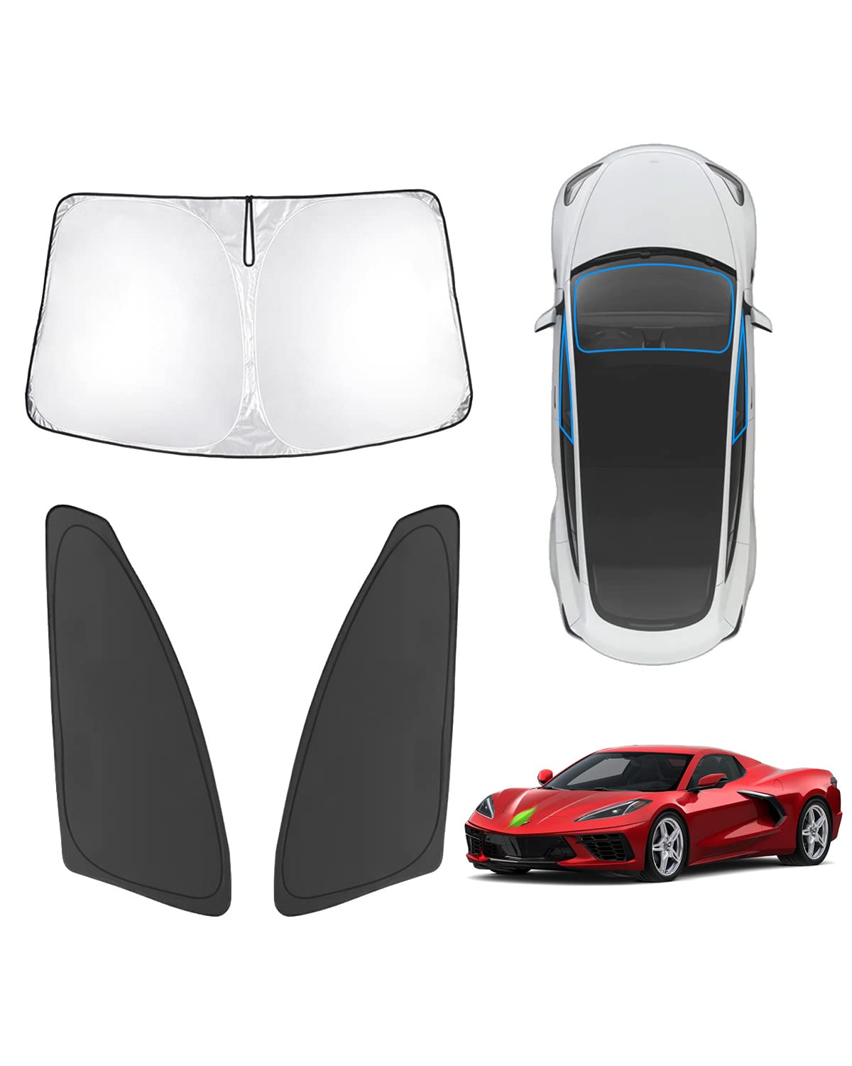 Karltys 3Pcs Windshield Sun Shade For 2020-2025 Chevrolet Corvette C8, Front And Side Window Sunshade Custom Fit Corvette C8, Fo