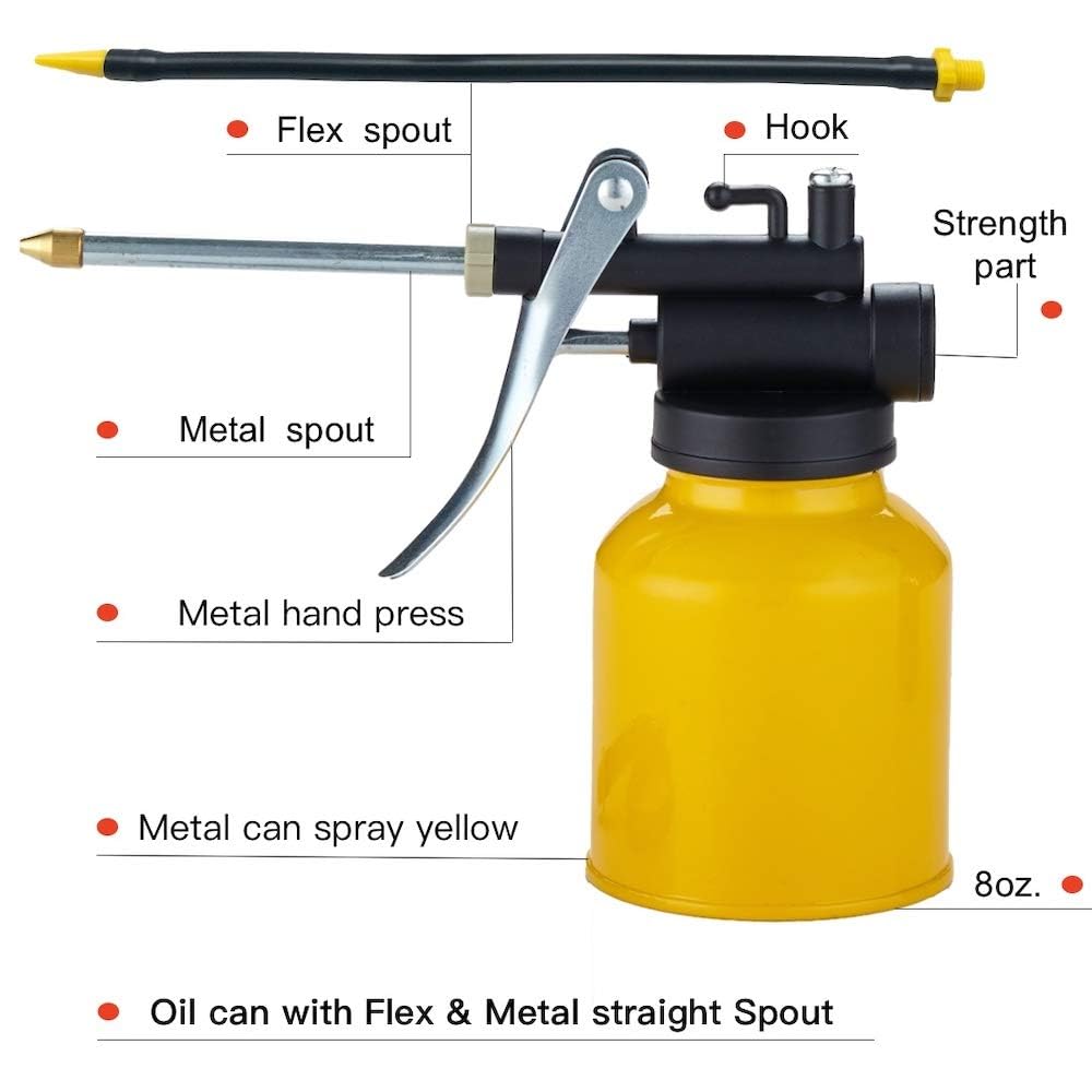 Junchi Hand Pump Oiler Can Professional Level 8 Oz. Capacity Pump Oiler With Metal & Long Flex Spout
