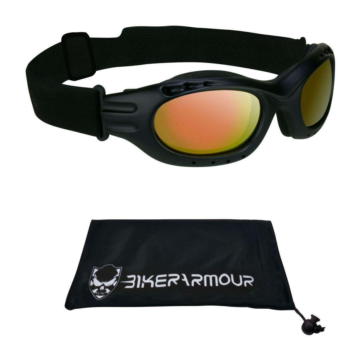 Bikershades Motorcycle Riding Goggles Sunglasses Biker Orange Mirrored Lens Foam Cushion Adjustable Strap Ski Sky Diving