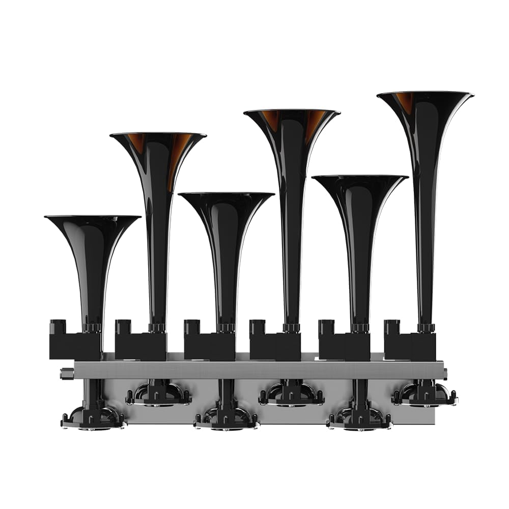 Basuri® Musical Air Horn | 12/24 Volt | 130 Db | Version (Baby Shark 1.0) 31 Super Loud Melodies (Sounds) 6 Pipe (Trumpets) With Turbo Controller For Bus, Truck And Heavy Duty Vehicles