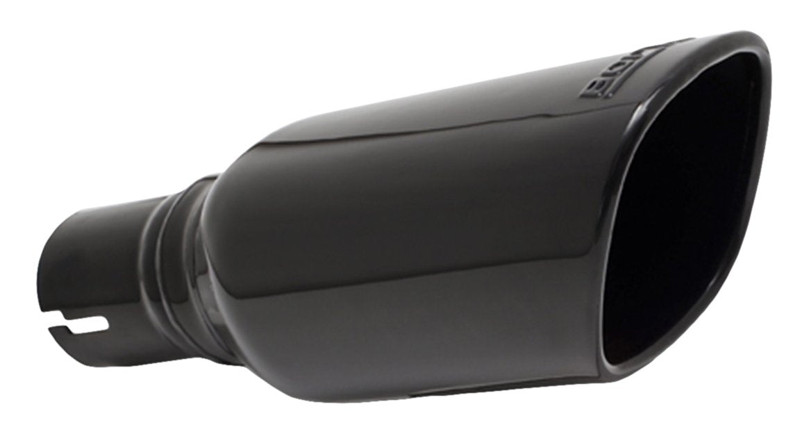 Borla 20161 Exhaust Tip 2.25 Inlet - 3.5 X 3.28 Single Square Rolled-Edge Angle-Cut Outlet - 10.5 Long With Black Chrome Finish Embossed With Borla Logo. Clamp On Mounting. Clamp Included.