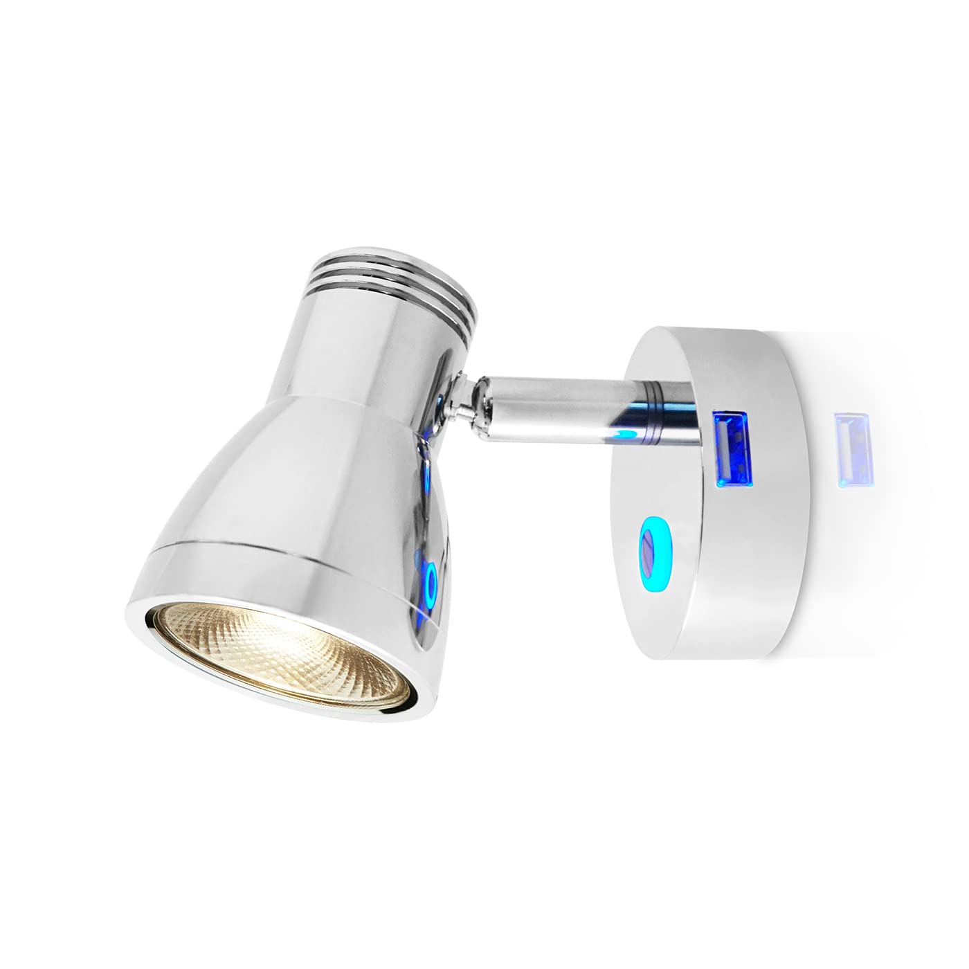 THALASSA 3W RV Wall Reading Lamp USB Port, Chrome Finish Low Voltage 0.25A, 10V-30V LED Flexible Surface Mounted Caravan Boat RV