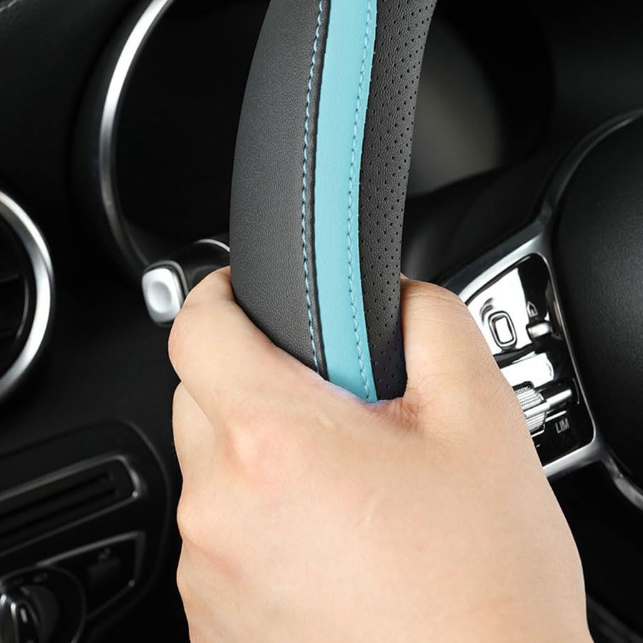 Car Steering Wheel Cover, Leather Steering Wheel Cover Blue Universal 14.5-15 Inch Microfiber Leather Anti-Slip Breathable Auto