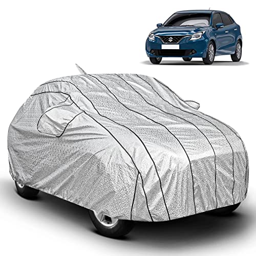 Fabtec Car Body Cover For Maruti Baleno Metallic Silver With 7 Strips With Soft Cotton Lining, Triple Stitched, Full Bottom Elas