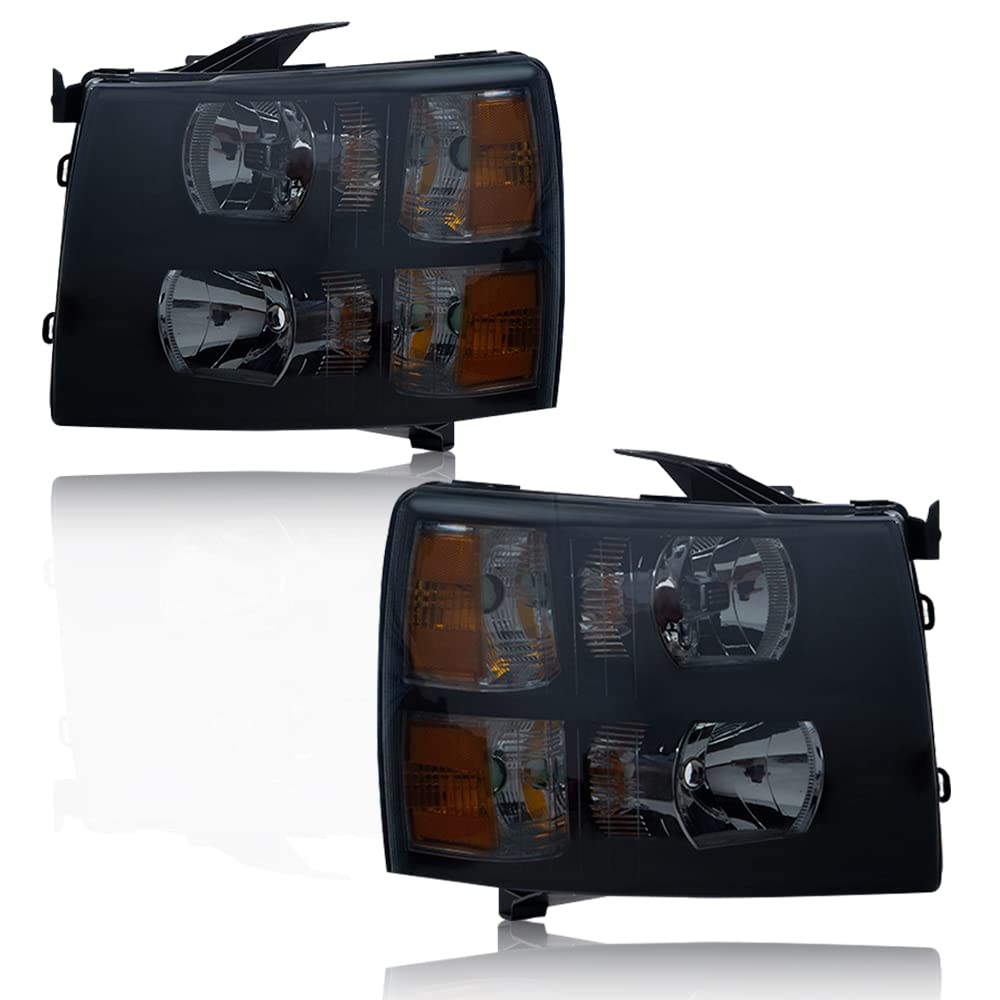 Pit66 Headlights, Compatible With 07-13 Chevy Silverado 1500 /Silverado 2500 3500 & Hd 07-14 Smoky Lens Black Housing Amber Reflector