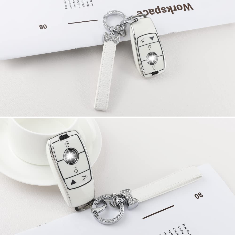 1797 Key Fob Cover For Mercedes Benz A C E G Cla Cls Gla Sl Class Accessories Bling Keychain Car Smart Remote Case Shell Girly Cute 4 Button White Silver Tpu