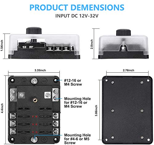 6 Way 12V Fuse Box 12Volt Blade Fuse Block Holder, 6 Circuit W/Negative Bus Waterproof Fuse Box With Led Indicator For 12V/24V A