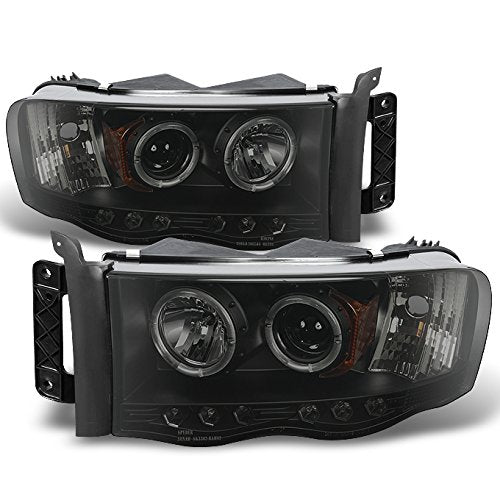 Akkon - For 2002-2005 Dodge Ram 1500 | 2003-2005 Ram 2500 3500 Black Smoke Dual Halo Projector Led Headlights