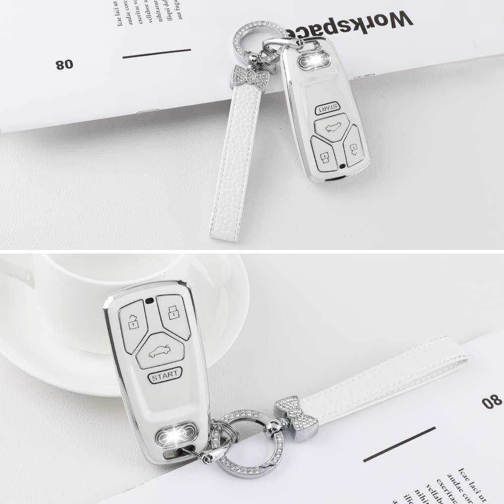 1797 Key Fob Cover For Audi Q5 Q7 A4 A5 S4 S5 Tt Accessories Bling Car Key Chain Case Shell Protector Women Men White Silver Tpu