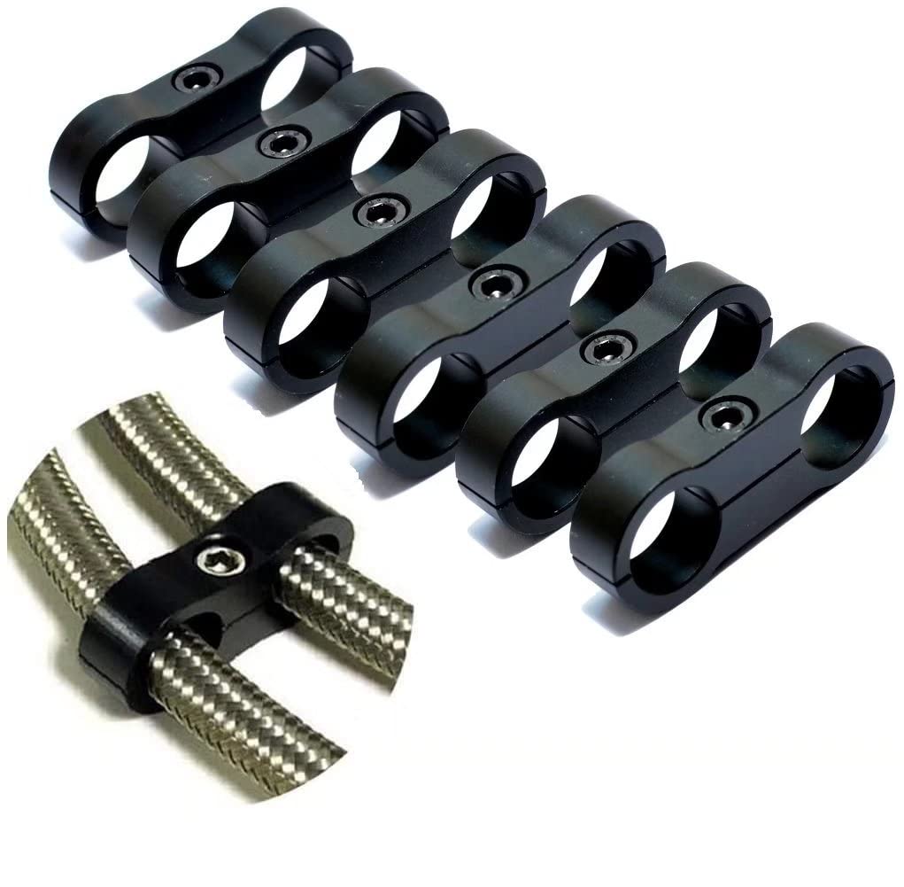 6An Black Hose Aluminum Clamp-An6 Hose Separator Fuel Line Mounting Clamps Aluminum Hose Fitting Adapter Great For 3/8 Fuel Hose, Oil Line, Brake Line, Water Pipe And Gas Line,6Pcs/Pack,Black