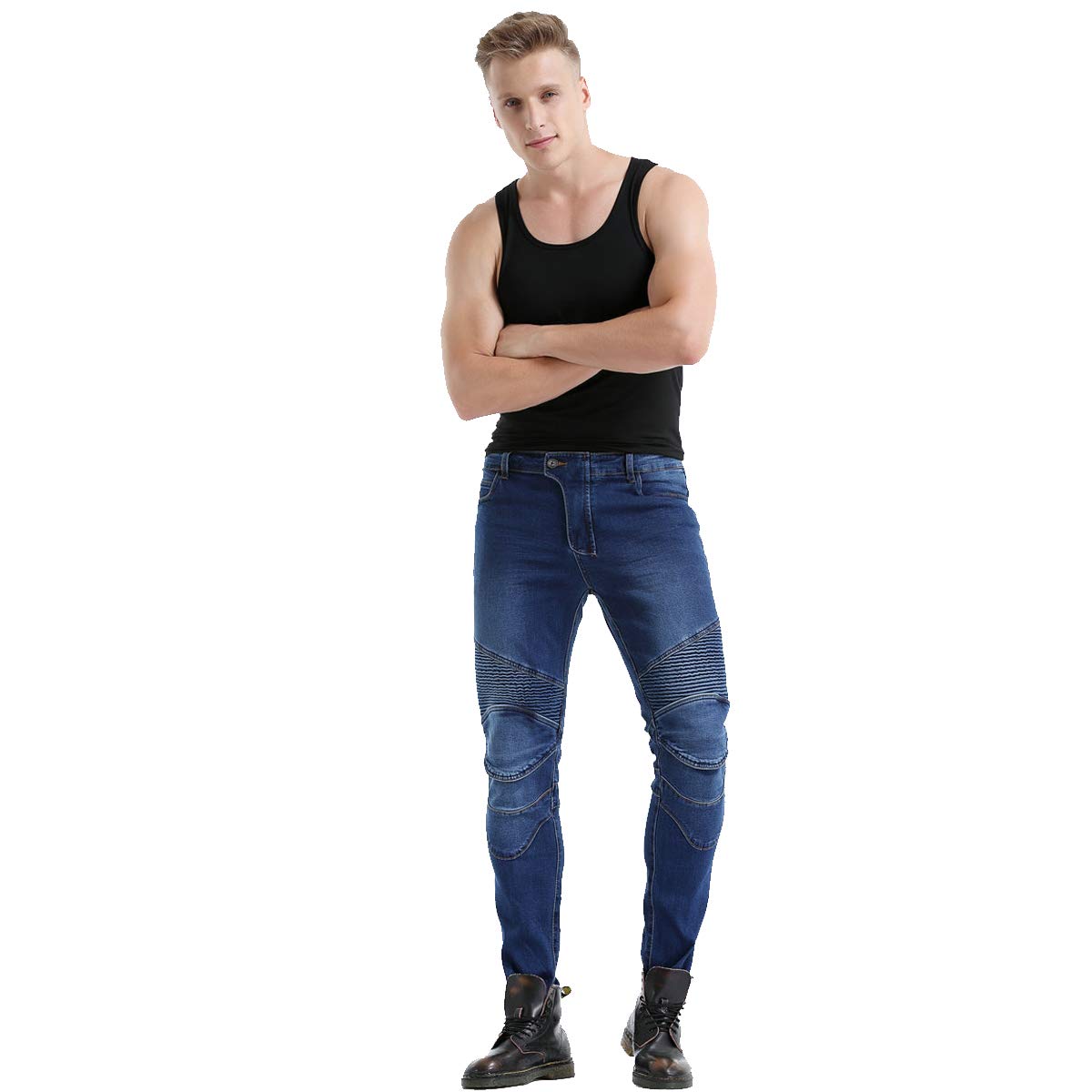 Takuey 2019 Waterproof Men Motorcycle Riding Pants Motocross Racing Jeans With 4 X Knee Hip Pads (S, Blue)