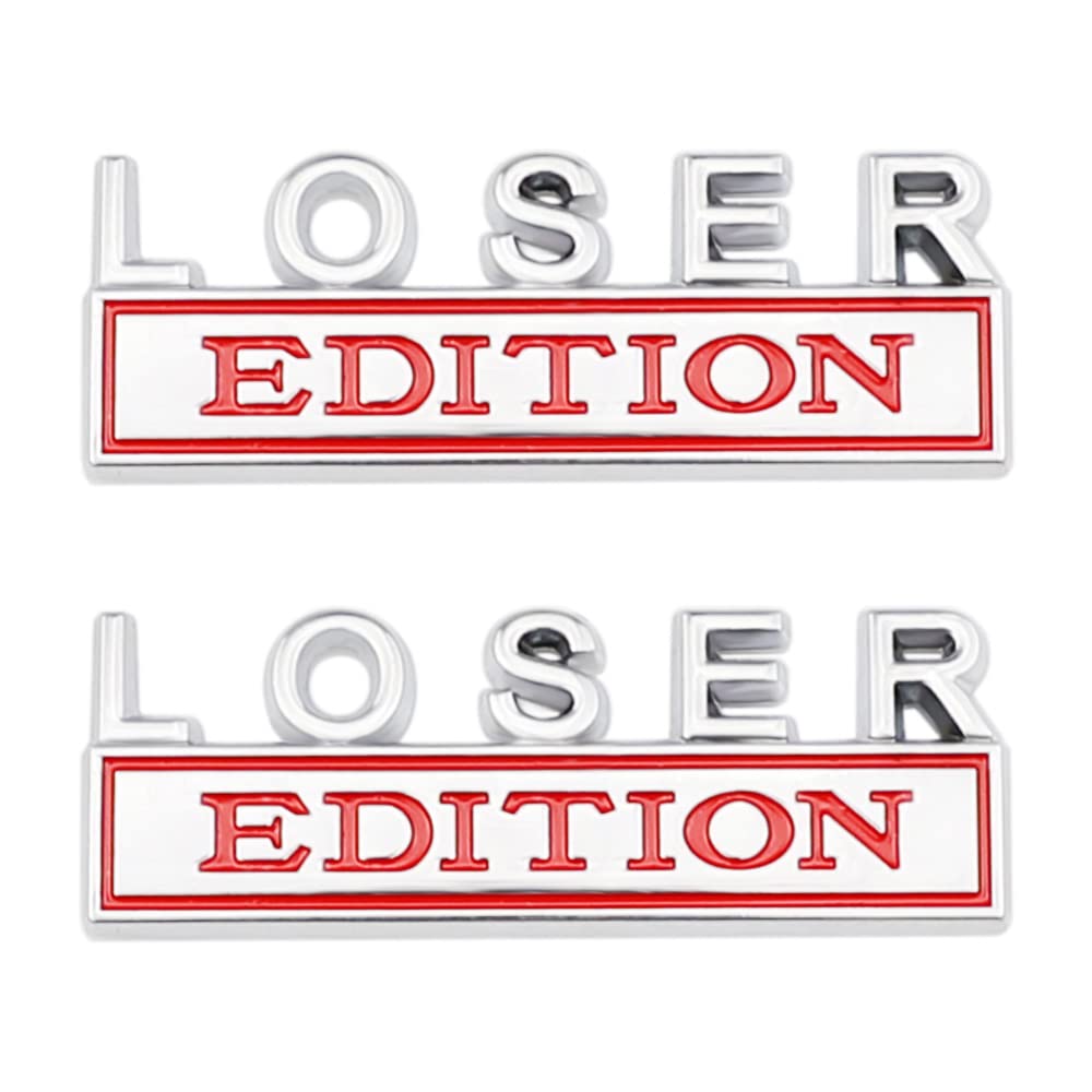 2 Pcs Loser Edition Emblem Car Side Rear Front Hood Trunk Door Badge 3D Decal Sticker Fit For Car Truck Suv (Loser, Silver Red)