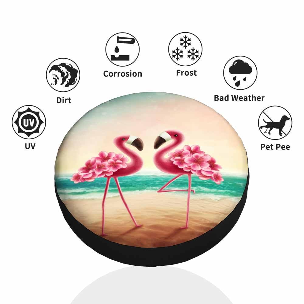 MIYASANG 2 Flamingos on the Beach Spare Tire Cover Flower Pink Bird Exotic Love Elegant Stand Weatherproof Universal Wheel Prote