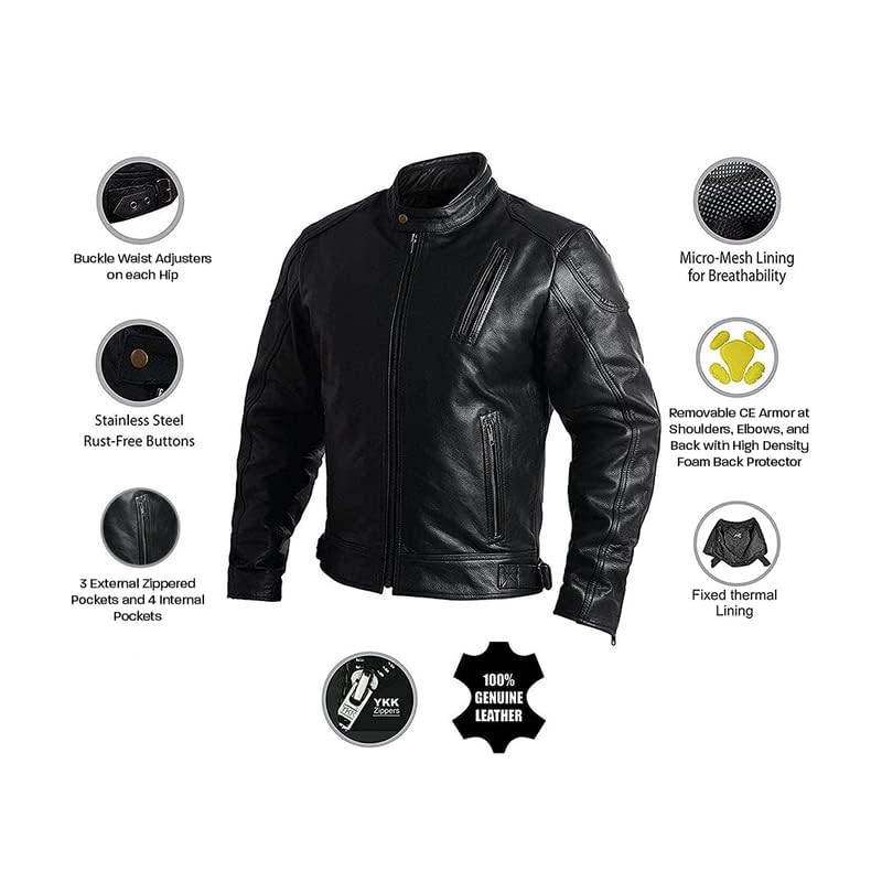 Hwk Leather Motorcycle Jacket With Armor For Men, Cafe Racer Genuine Leather Jacket For Weather Resistant Enduro Motocross, Motorbike Riding, Easy Adjust Men'S Motorcycle Jacket, Medium