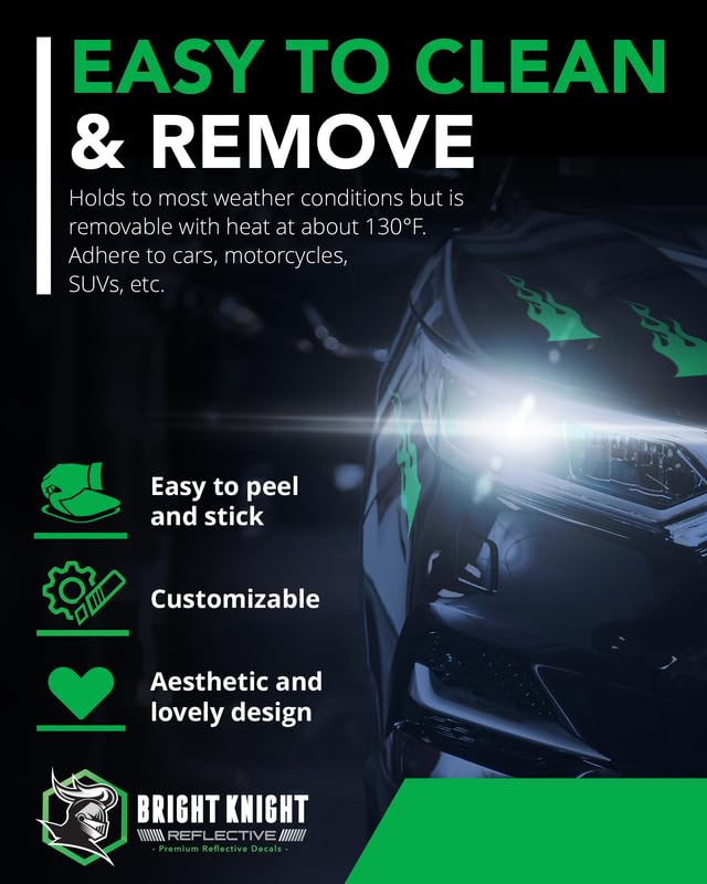 Bright Knight Flame Stickers, 4 Pcs Green Reflective Car Sticker Decal With 3M Retro-Reflective Vinyl, Self-Adhesive Outdoor Wat