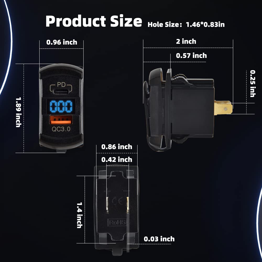 Cnaodun Usb Rocker Switch Usb C Charger Socket With Waterproof Cover Dual Pd And Qc3.0 12V/24V Blue Led Voltmeter For Rocker Typ