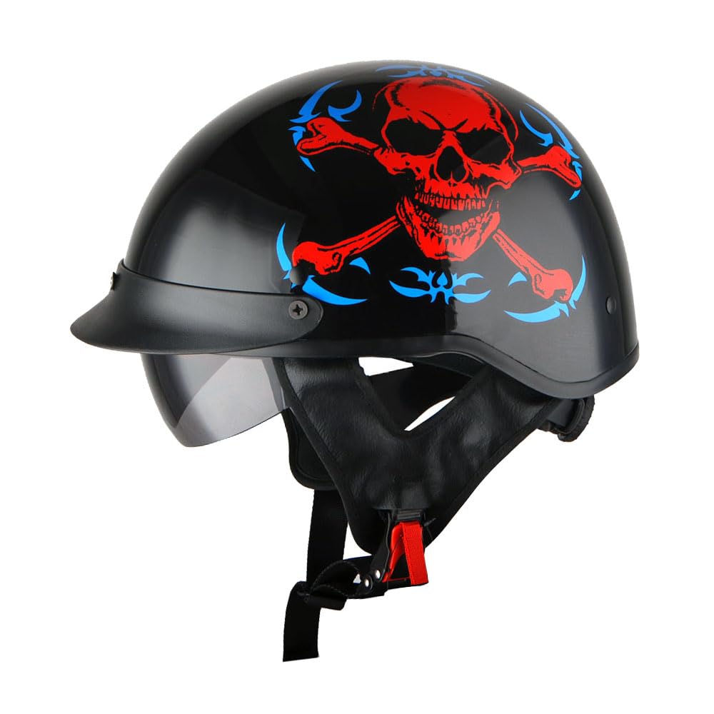 1Storm Motorcycle Half Face Helmet Mopeds Scooter Pilot With Retractable Inner Smoked Visor, Red Skull