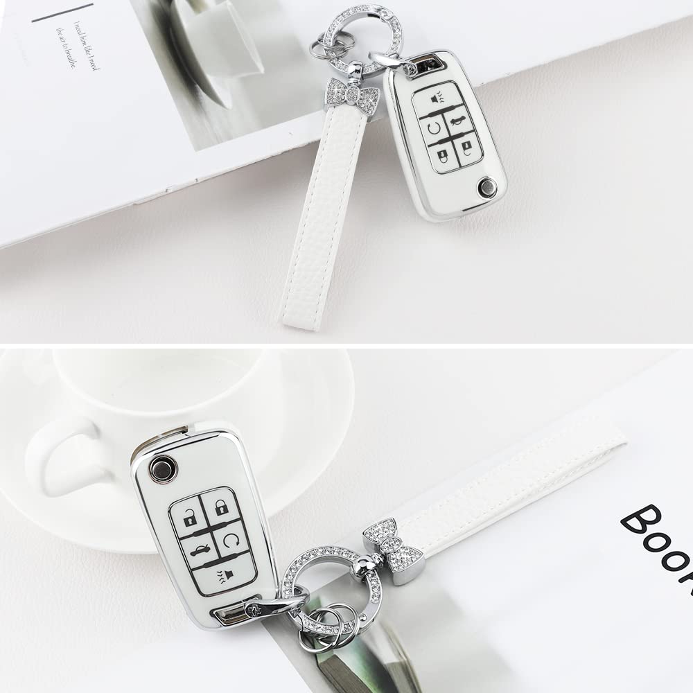 1797 For Chevy Chevrolet Key Fob Cover Malibu Camaro Cruze Equinox Impala Accessories Bling Car Remote Key Chain Case Shell Protector 5 Button Girly Cute White Silver Tpu