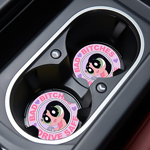 Jupswan Car Cupholder Coaster Absorbent 2 Pack Cute Cartoon Girl Design Rubber New Automotive Cup Holder Decal Decor Accessories