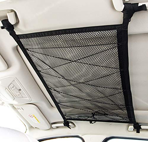 Kaskawise Car Ceiling Cargo Net Pocket, 31''X21'' Adjustable Double-Layer Mesh Suv Roof Organizer Long Trip Storage Bag,Tent Put